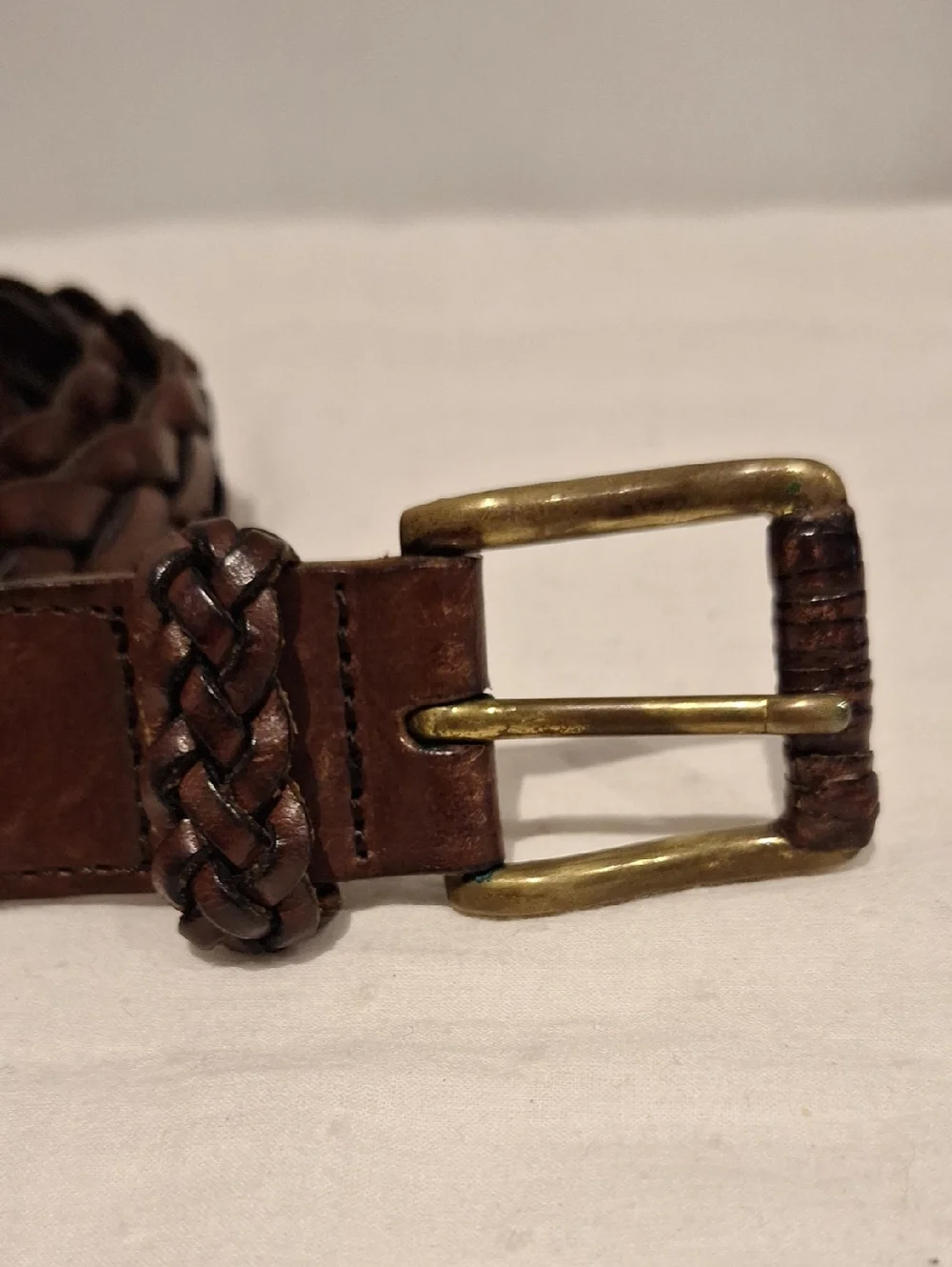 Brown Braided Leather Belt with Brass Buckle - Size 38